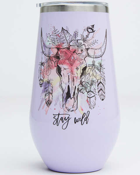 New Creations Women's 16oz Stay Wild Bull Skull Stemless Wine Bottle, Purple, hi-res