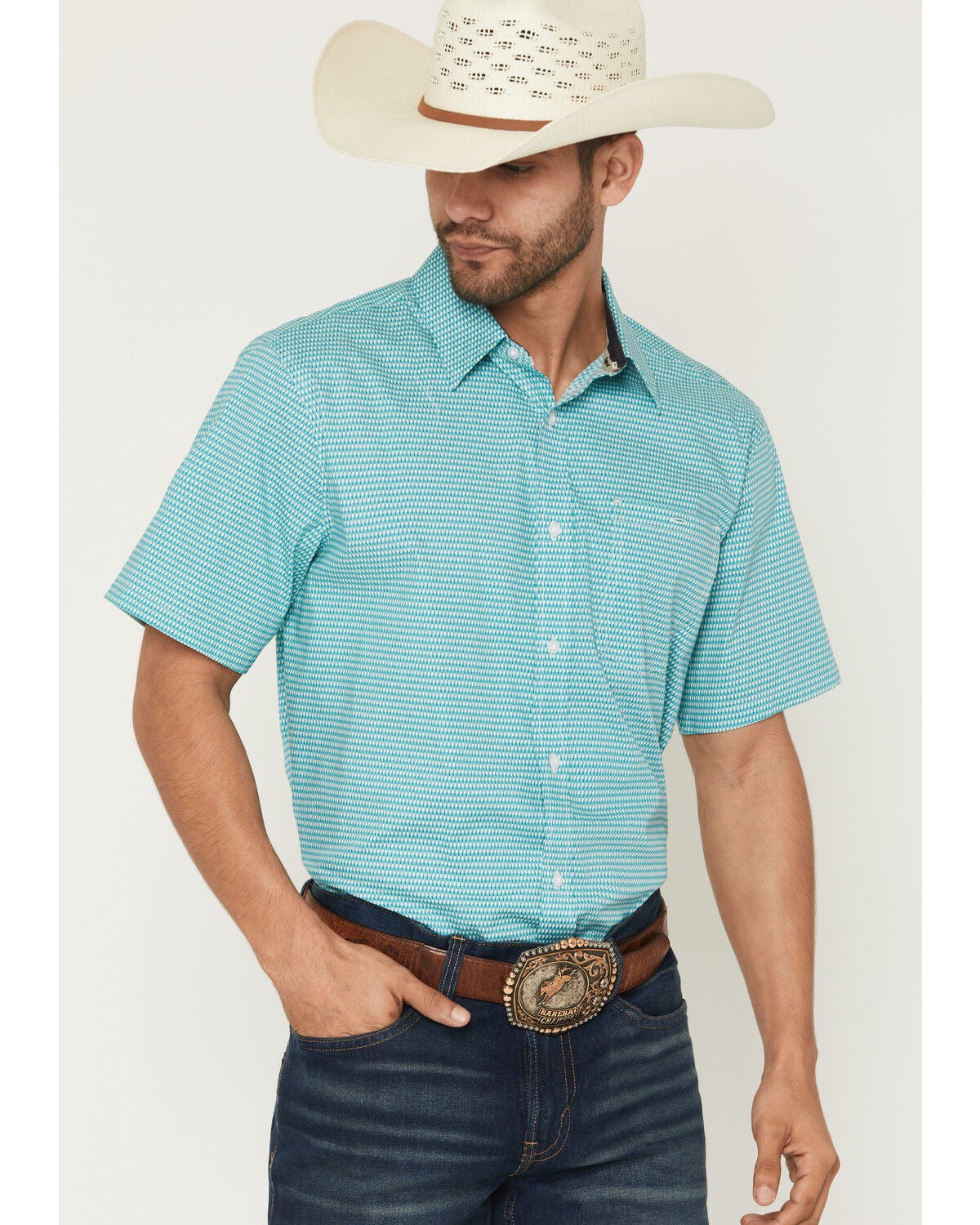 RANK 45&reg; Men's Dasher Geo Print Short Sleeve Button-Down Stretch Western Shirt, Ivory, hi-res