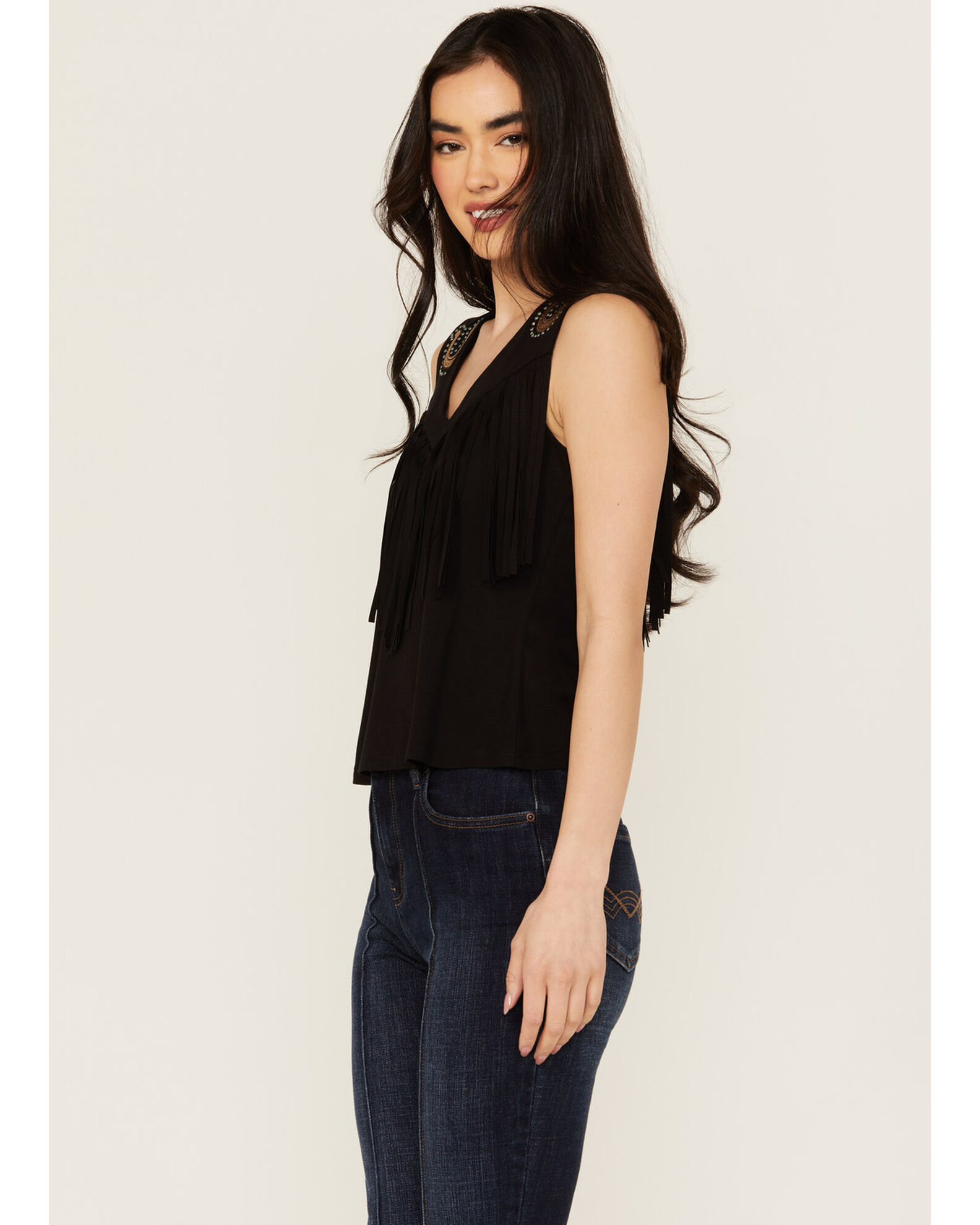 Image #3 - Idyllwind Women's Plateau Embroidered Studded Fringe Tank, Black, hi-res