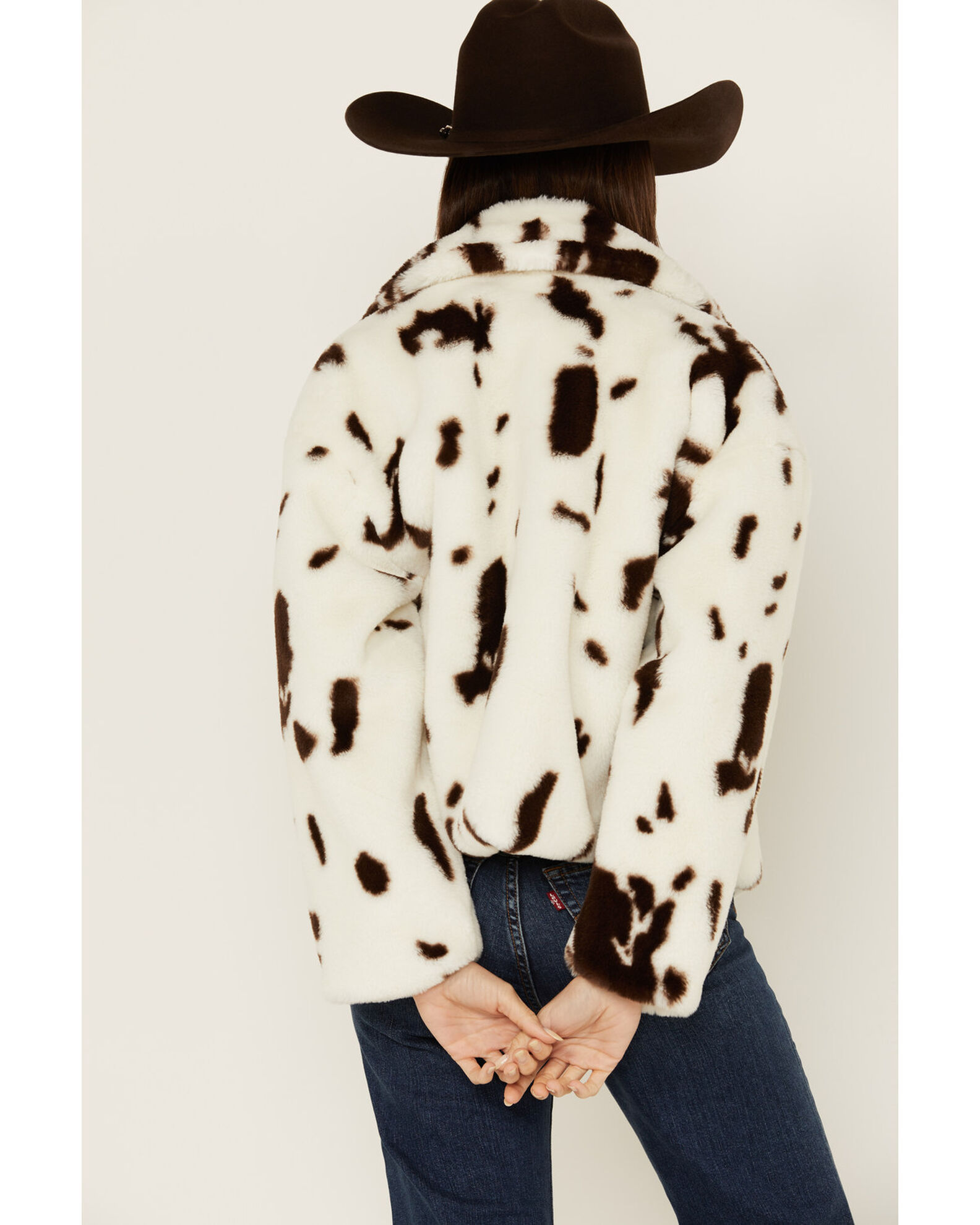 Cow print faux fur jacket top