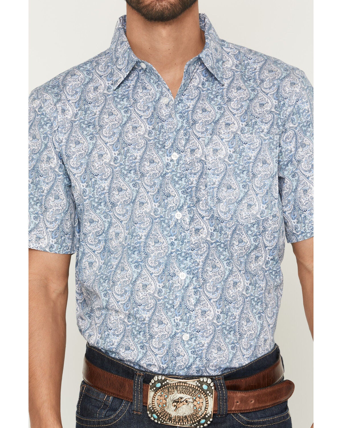 Image #3 - Gibson Trading Co Men's Kickin Daisies Paisley Print Short Sleeve Button-Down Western Shirt, Blue, hi-res
