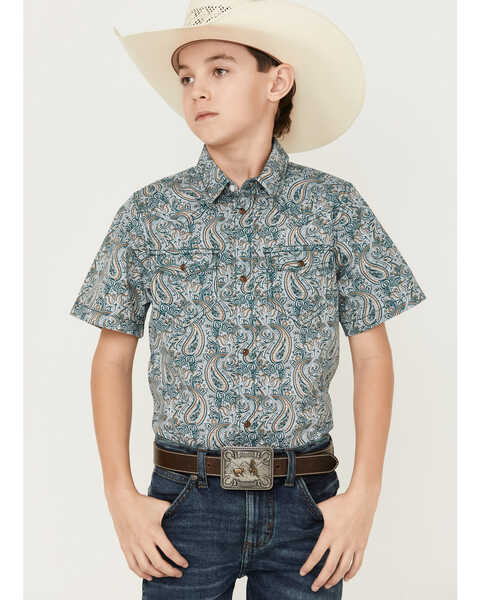 Cody James Boys' Paisley Print Short Sleeve Western Shirt, Blue, hi-res
