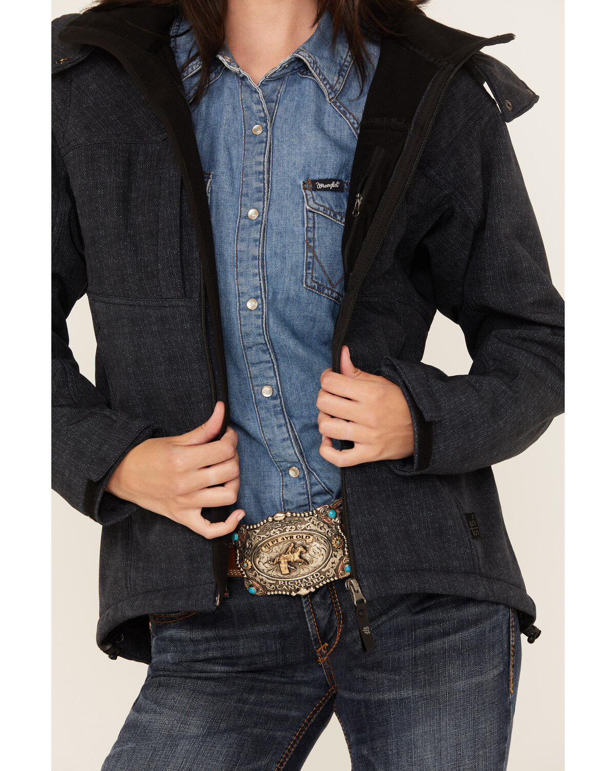 Image #2 - STS Ranchwear by Carroll Women's Dark Wash Denim Print Softshell Weston Hooded Jacket, Dark Wash, hi-res