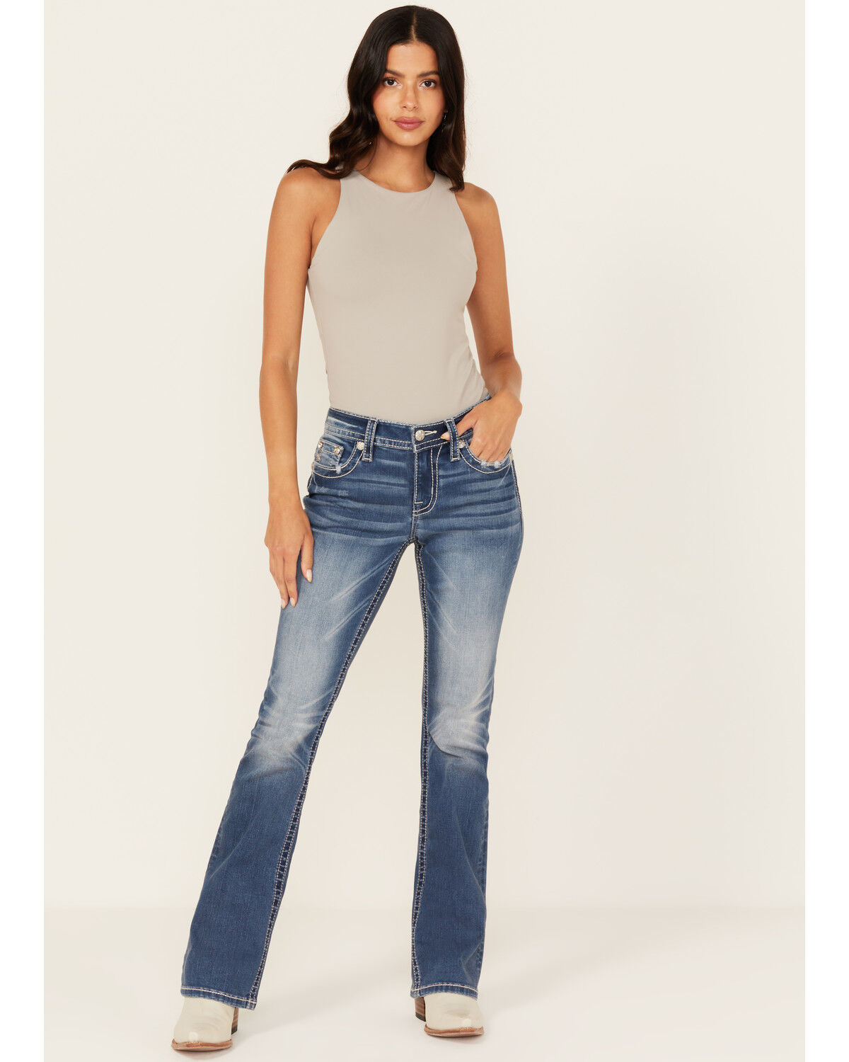 Image #3 - Miss Me Women's Medium Wash Mid Rise Fleur de Lis Pocket 32" Bootcut Stretch Denim Jeans, Medium Wash, hi-res