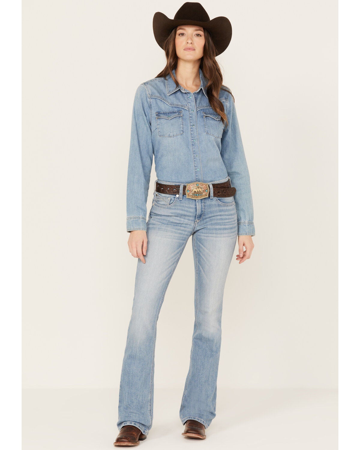 Image #1 - Ariat Women's R.E.A.L Brianna Light Wash High Rise Bootcut Oklahoma Jeans, Light Wash, hi-res
