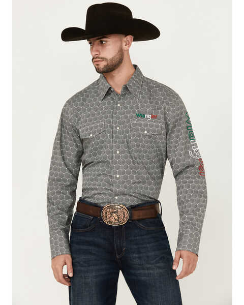 Image #1 - Wrangler Men's Mexico Logo Geo Print Long Sleeve Snap Western Shirt , Black, hi-res
