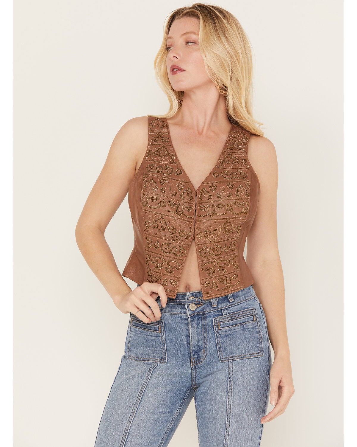 Shyanne Women's Embellished Leather Vest, Brown, hi-res