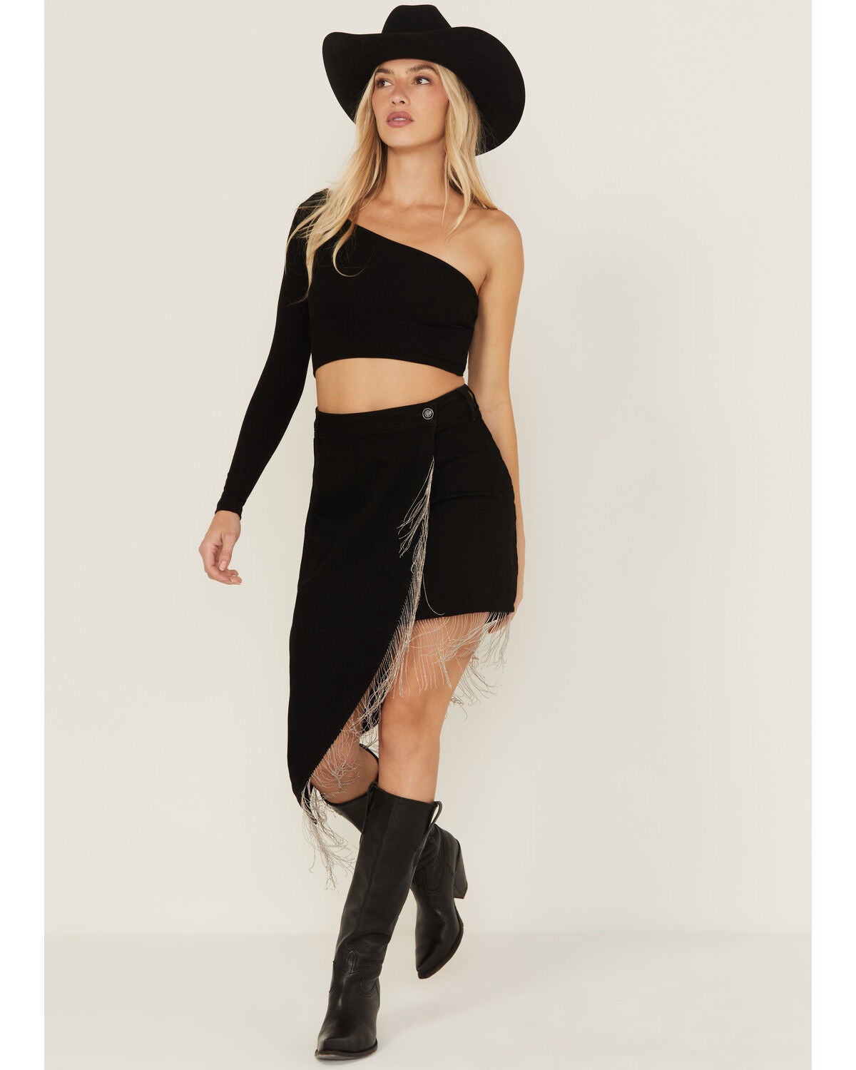 Rock & Roll Denim Women's Rhinestone Fringe Mini Skirt, Black, hi-res