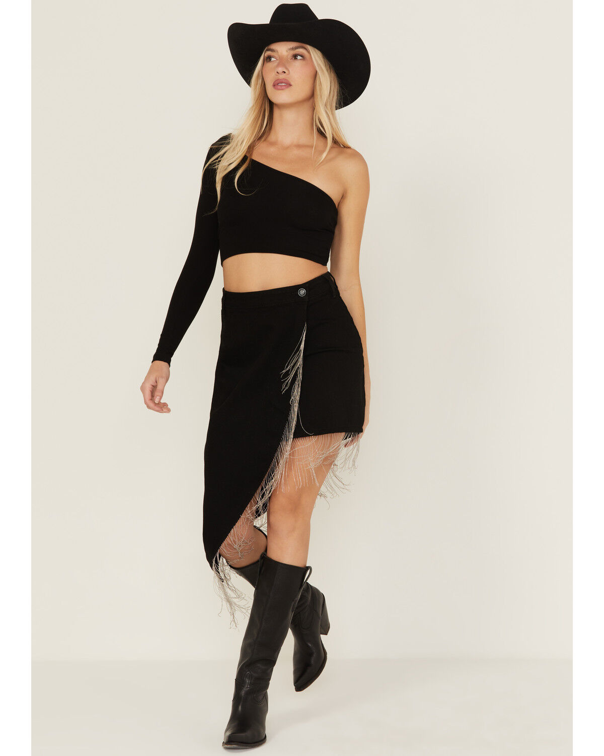Image #1 - Rock & Roll Denim Women's Rhinestone Fringe Mini Skirt, Black, hi-res
