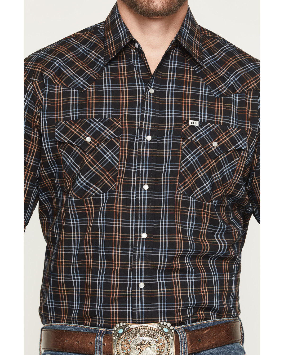 Image #3 - Ely Walker Men's Plaid Print Long Sleeve Sap Western Shirt, Black, hi-res