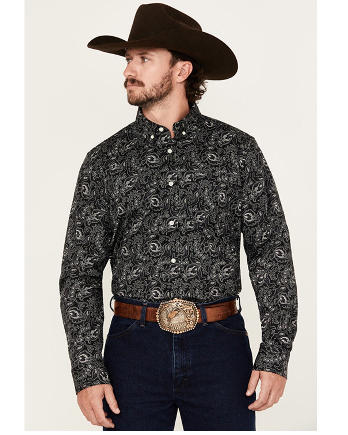 Cody James Men's Parker Paisley Print Long Sleeve Button-Down Stretch Western Shirt - Big, Black, hi-res