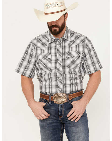 Wrangler Men's Fashion Plaid Print Short Sleeve Western Snap Shirt, Grey, hi-res