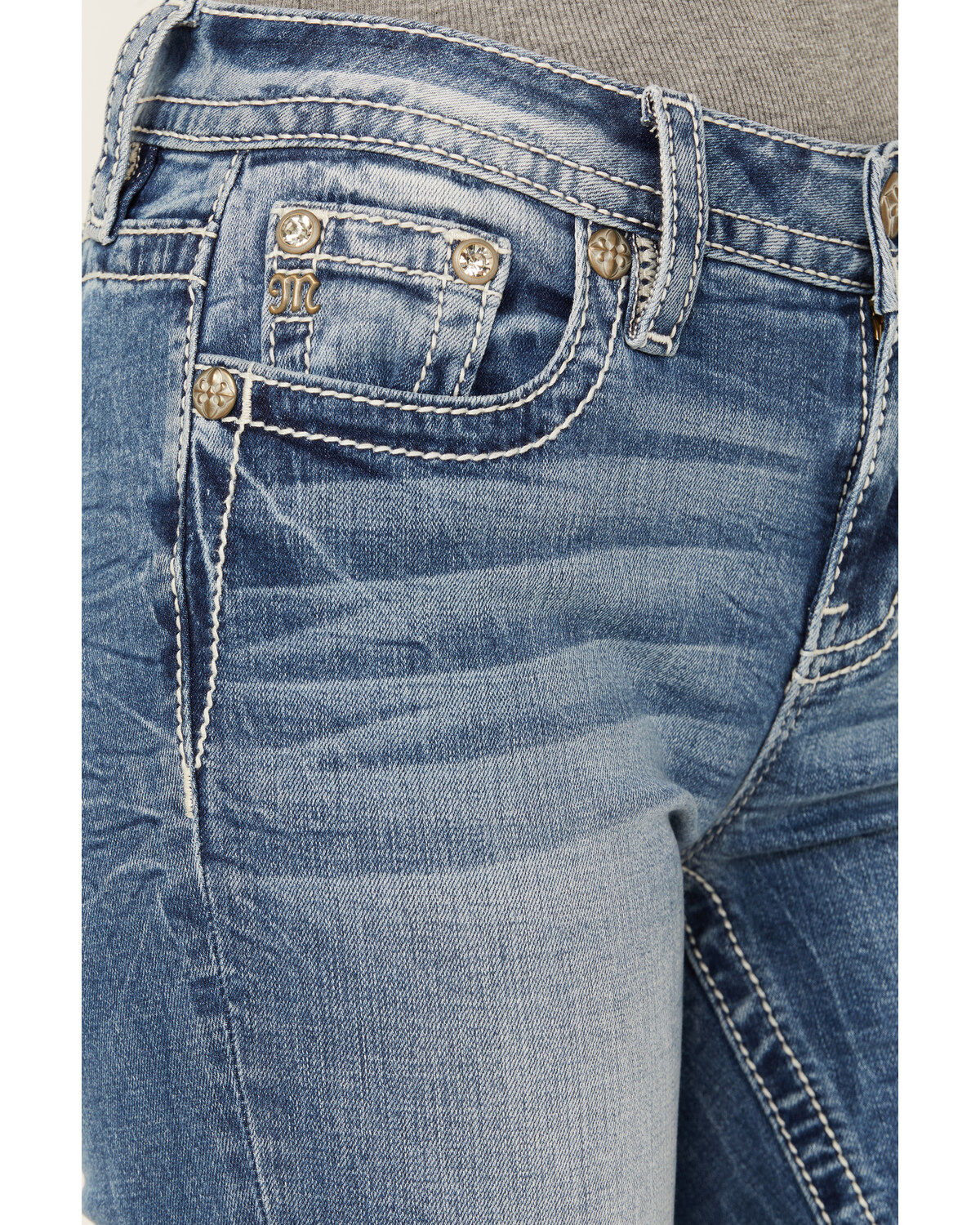 Image #4 - Miss Me Women's Light Wash Mid Rise Dreamcatcher Pocket Bootcut Stretch Denim Jeans, Light Wash, hi-res