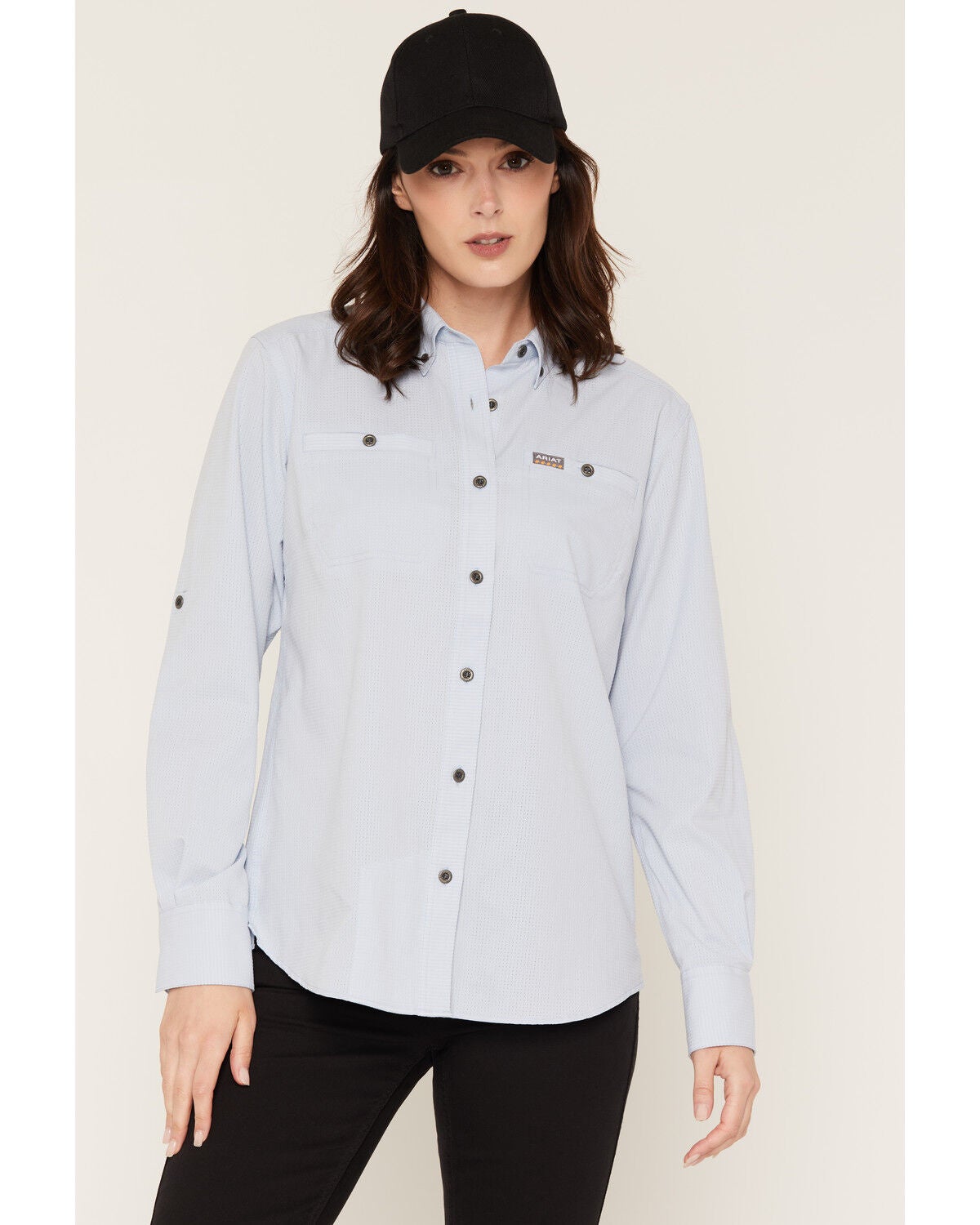 Ariat Women's Rebar Made Tough 360 Airflow DuraStretch Long Sleeve Button-Down Work Shirt, Light Blue, hi-res