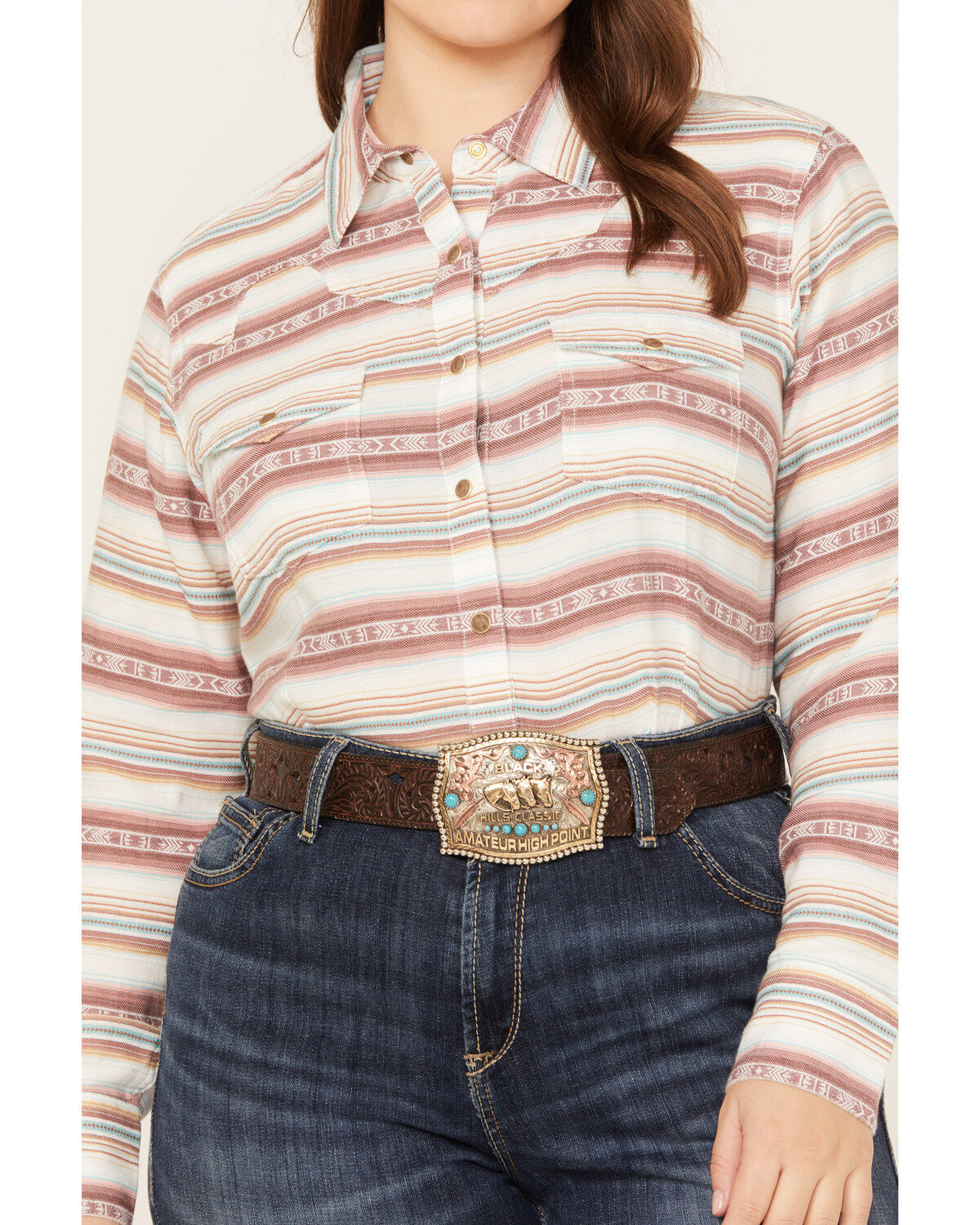 Image #3 - Ariat Women's Serape Jacquard Print Long Sleeve Snap Western Shirt - Plus, Rose, hi-res