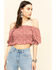 Loveriche Women's Floral Print Smocked Crop Top, Rust Copper, hi-res