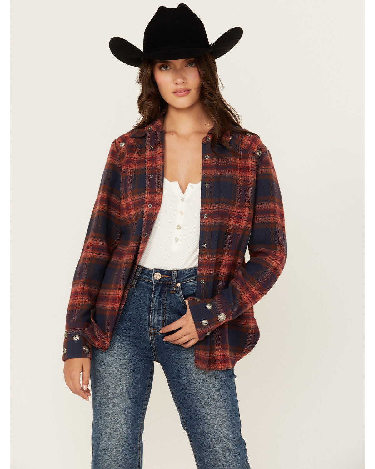 Shyanne Women's Embellished Plaid Print Long Sleeve Snap Western Shirt, Navy, hi-res