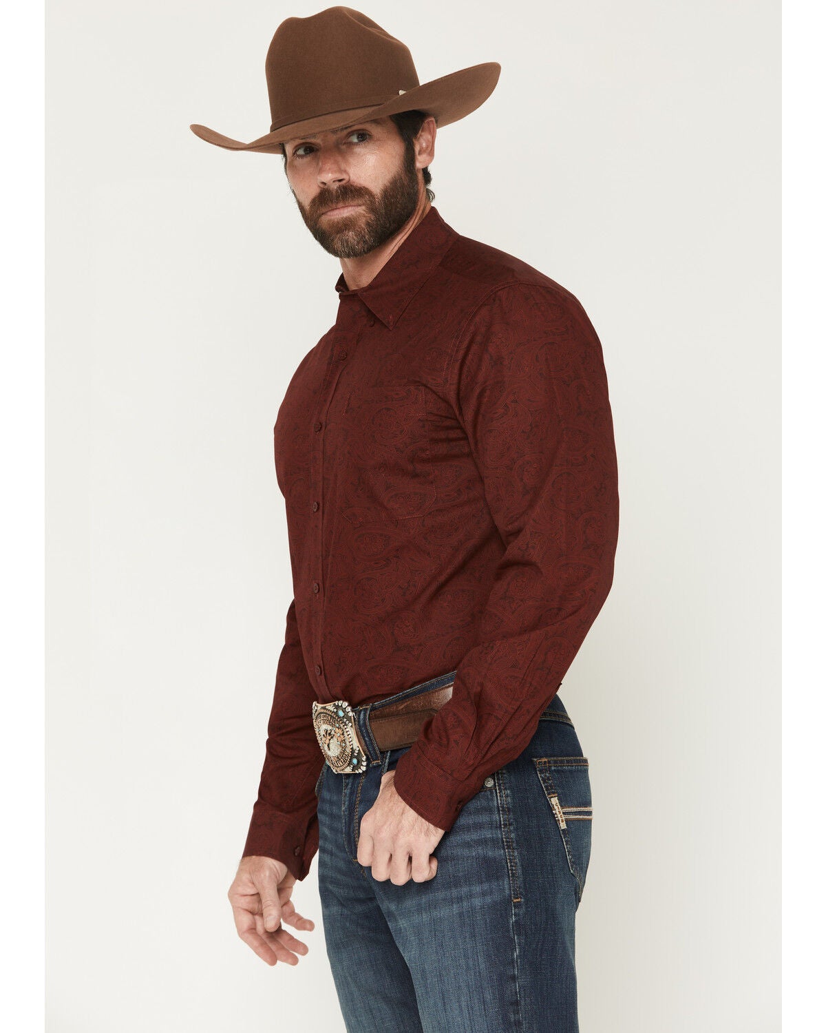 Image #2 - Cinch Men's Modern Fit Paisley Print Long Sleeve Button-Down Western Shirt, Burgundy, hi-res