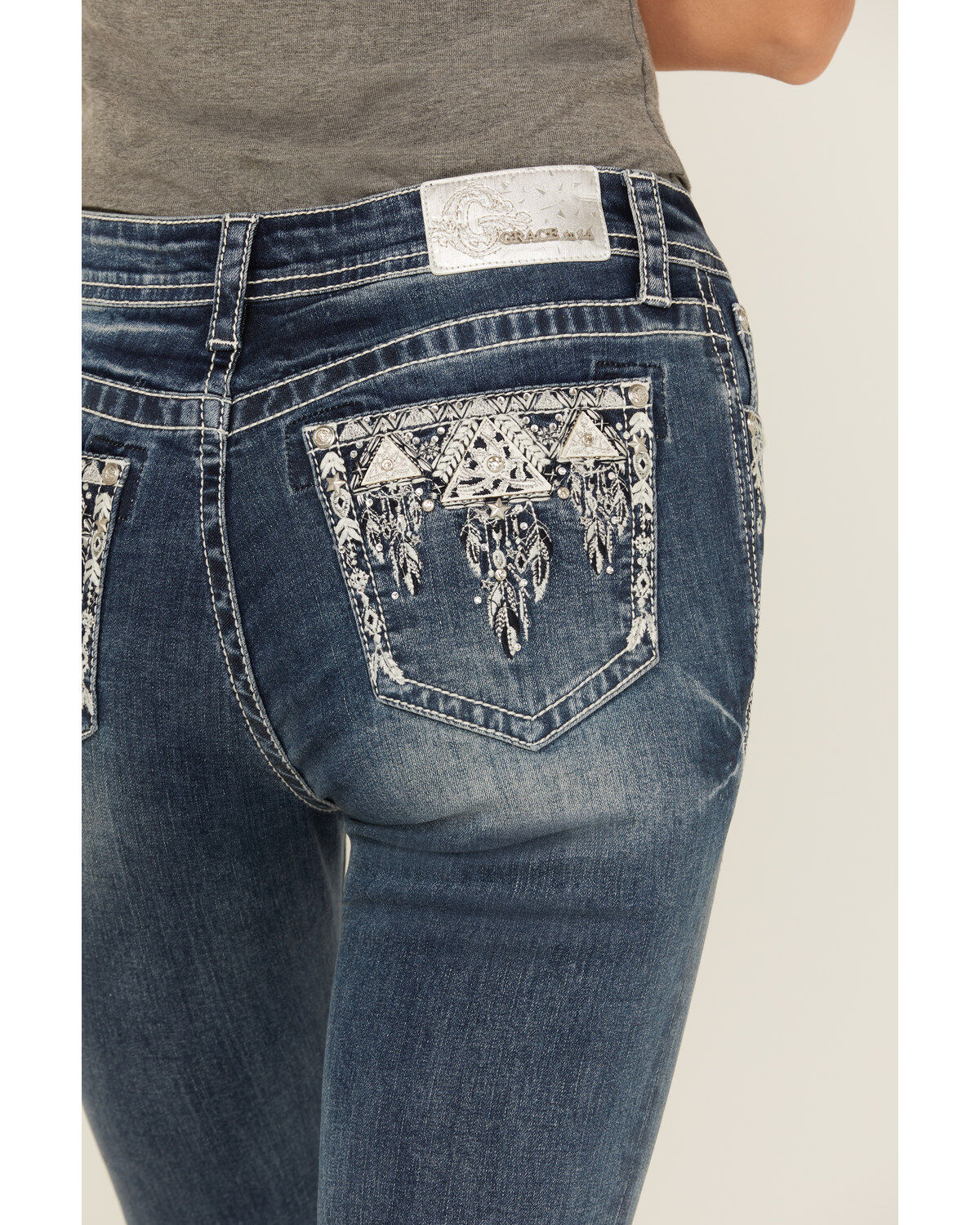 Grace LA Women's Medium Wash Mid Rise Feather Pocket Bootcut Stretch Denim Jeans
