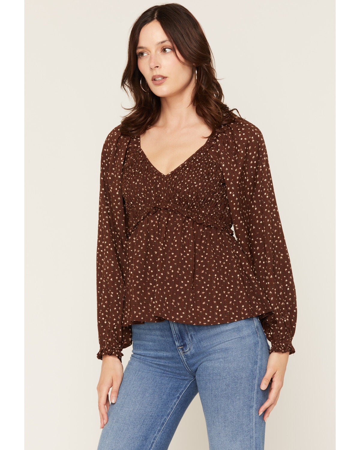 Yura Women's Floral Print Long Sleeve Shirt, Brown, hi-res
