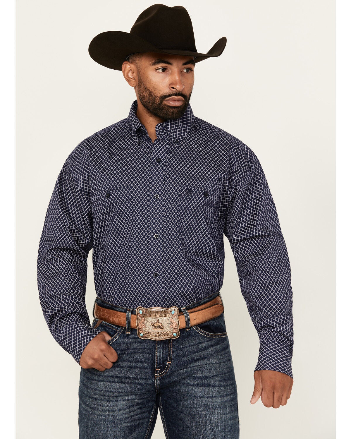 George Strait By Wrangler Men's Geo Print Long Sleeve Button-Down Stretch Western Shirt, Navy, hi-res