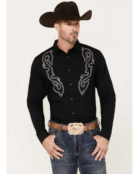 Moonshine Spirit Men's Boot Stitch Long Sleeve Snap Western Shirt, Black, hi-res