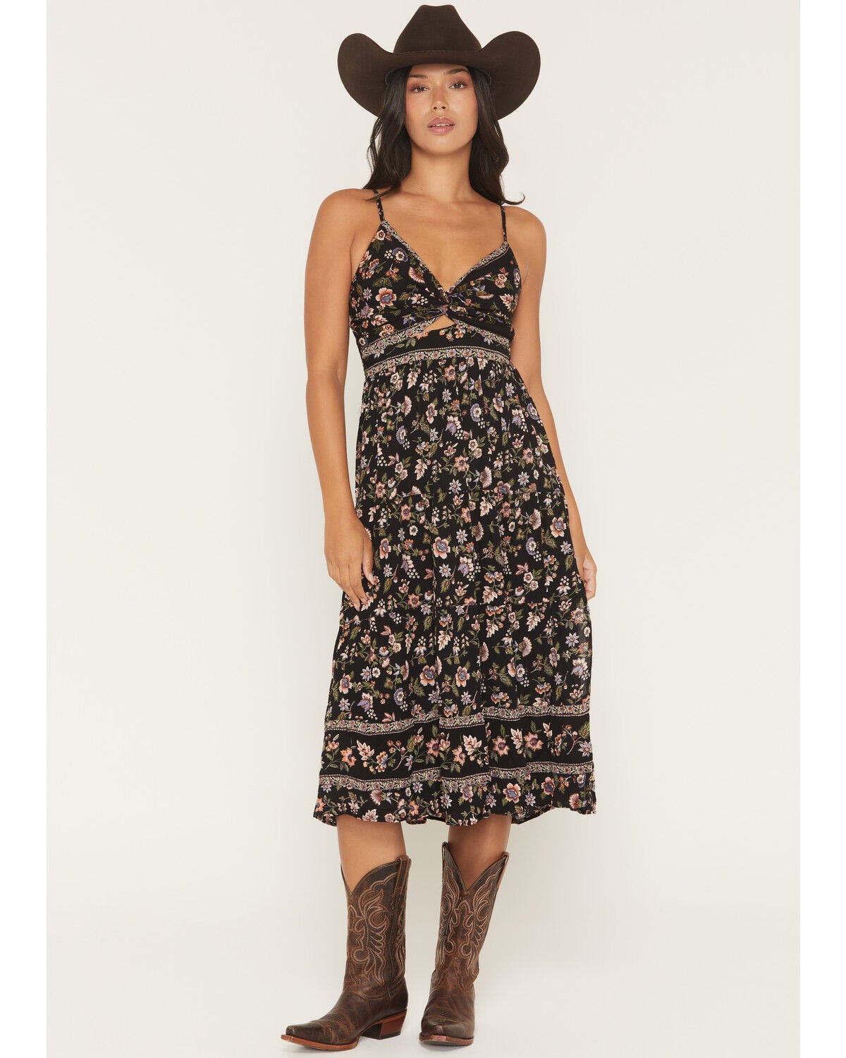 Angie Women's Floral Print Knot Front Midi Dress, Black, hi-res