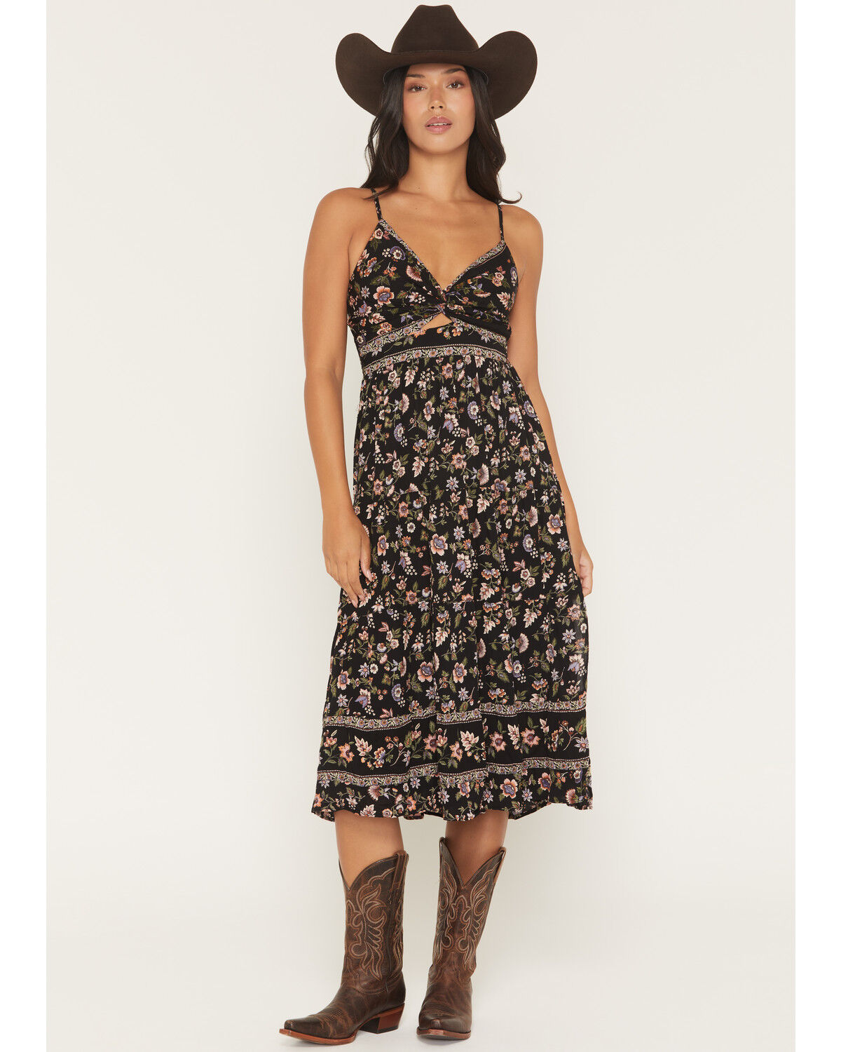 Image #1 - Angie Women's Floral Print Knot Front Midi Dress, Black, hi-res