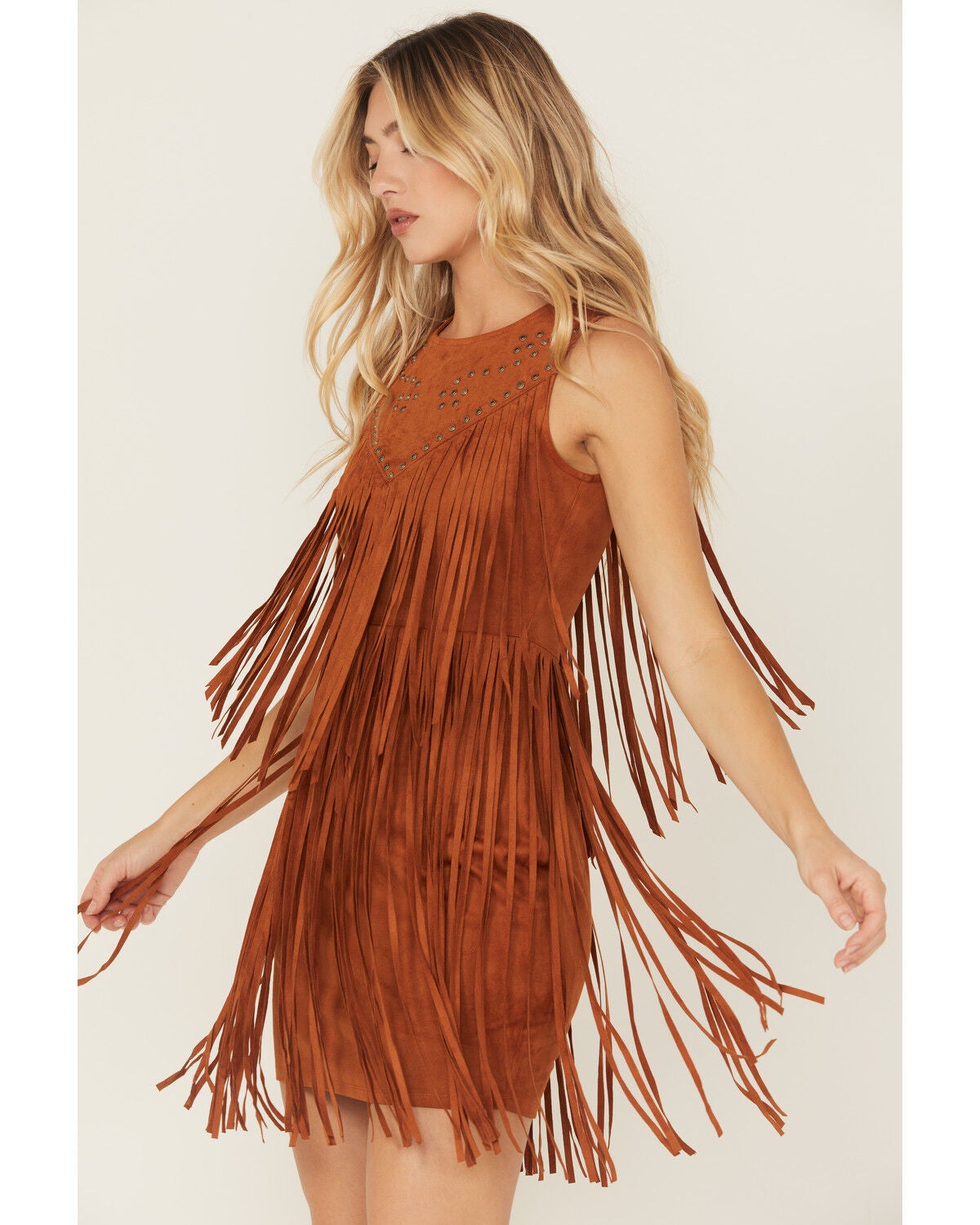 Idyllwind Women's Garland Studded Fringe Faux Suede Sleeveless Mini Dress, Caramel, hi-res