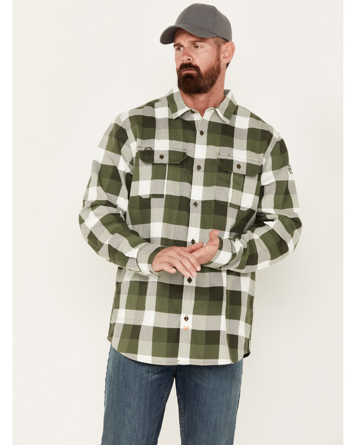Hawx Men's FR Midweight Plaid Print Long Sleeve Button-Down Work Shirt, Olive, hi-res