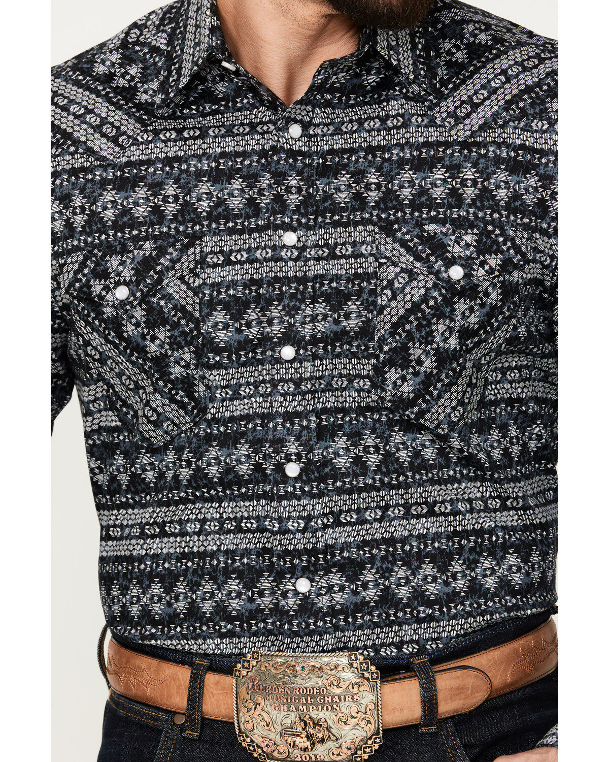Image #3 - Rough Stock by Panhandle Men's Southwestern Stretch Long Sleeve Western Pearl Snap Shirt, Black, hi-res