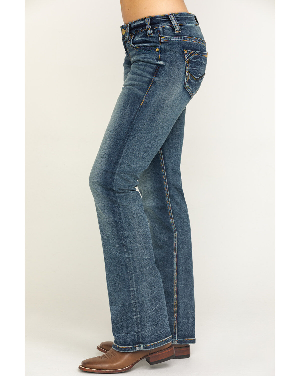 Image #3 - Rock & Roll Cowgirl Women's Vintage Dark Wash Low Rise Boot Riding Jeans, , hi-res