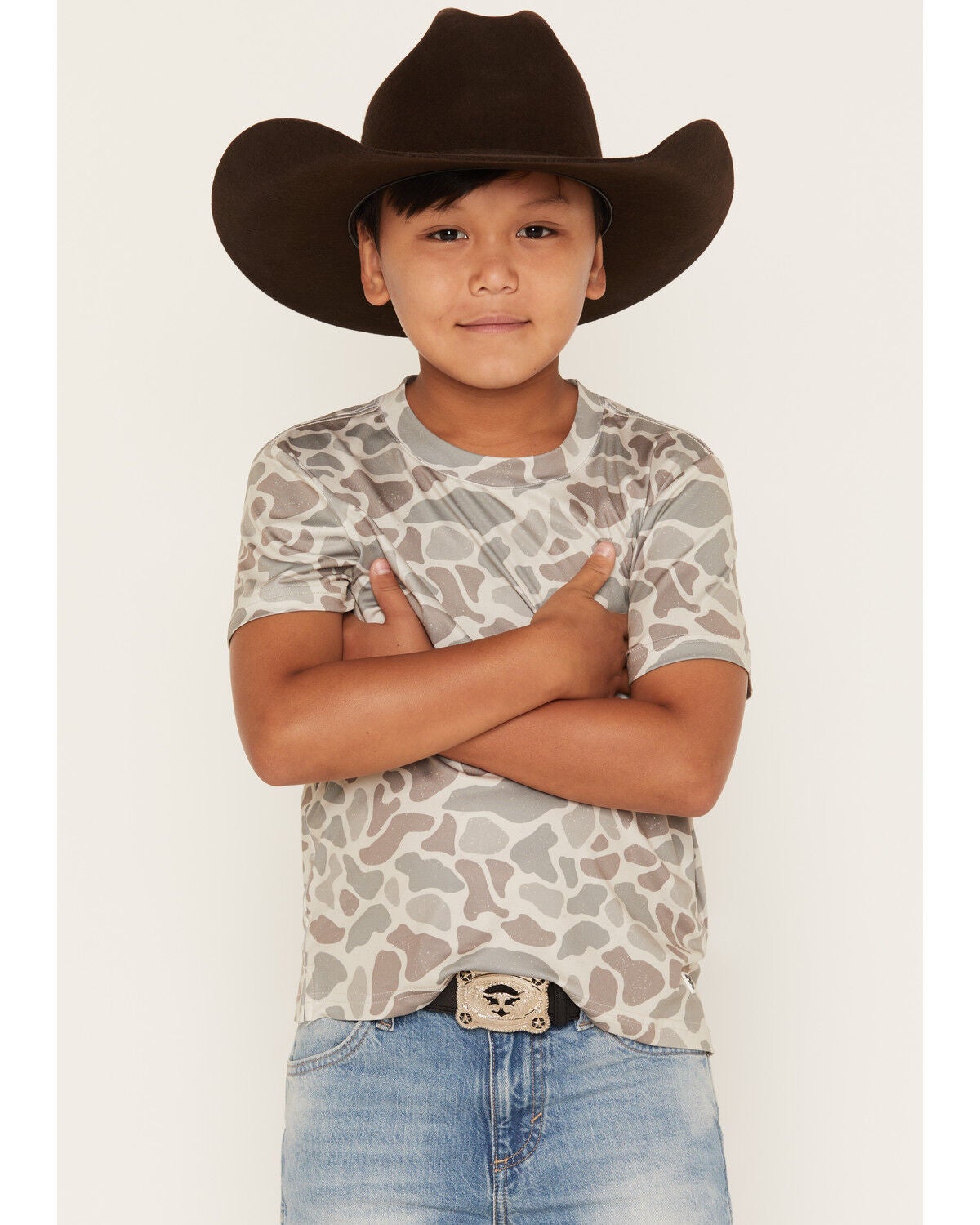 Burlebo Boys' Deer Camo Print Short Sleeve Performance Shirt, Camouflage, hi-res