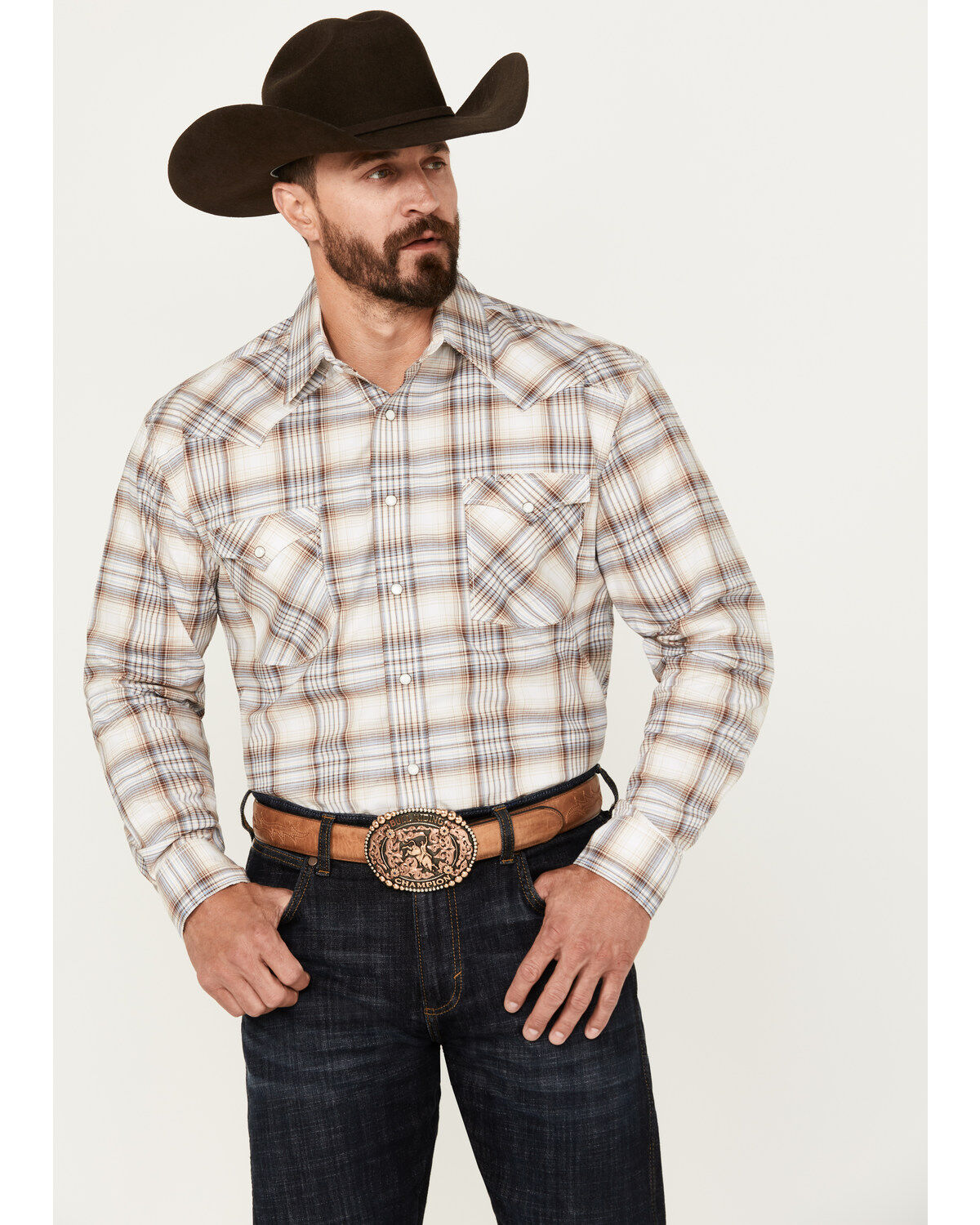 Image #1 - Rough Stock by Panhandle Men's Ombre Plaid Print Long Sleeve Snap Stretch Western Shirt, , hi-res