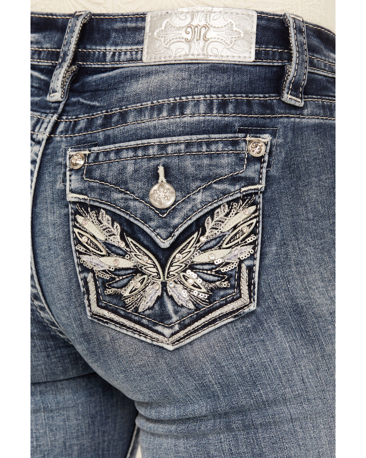 Image #2 - Miss Me Women's Medium Wash Mid Rise Angel Wing 34" Bootcut Stretch Denim Jeans, , hi-res