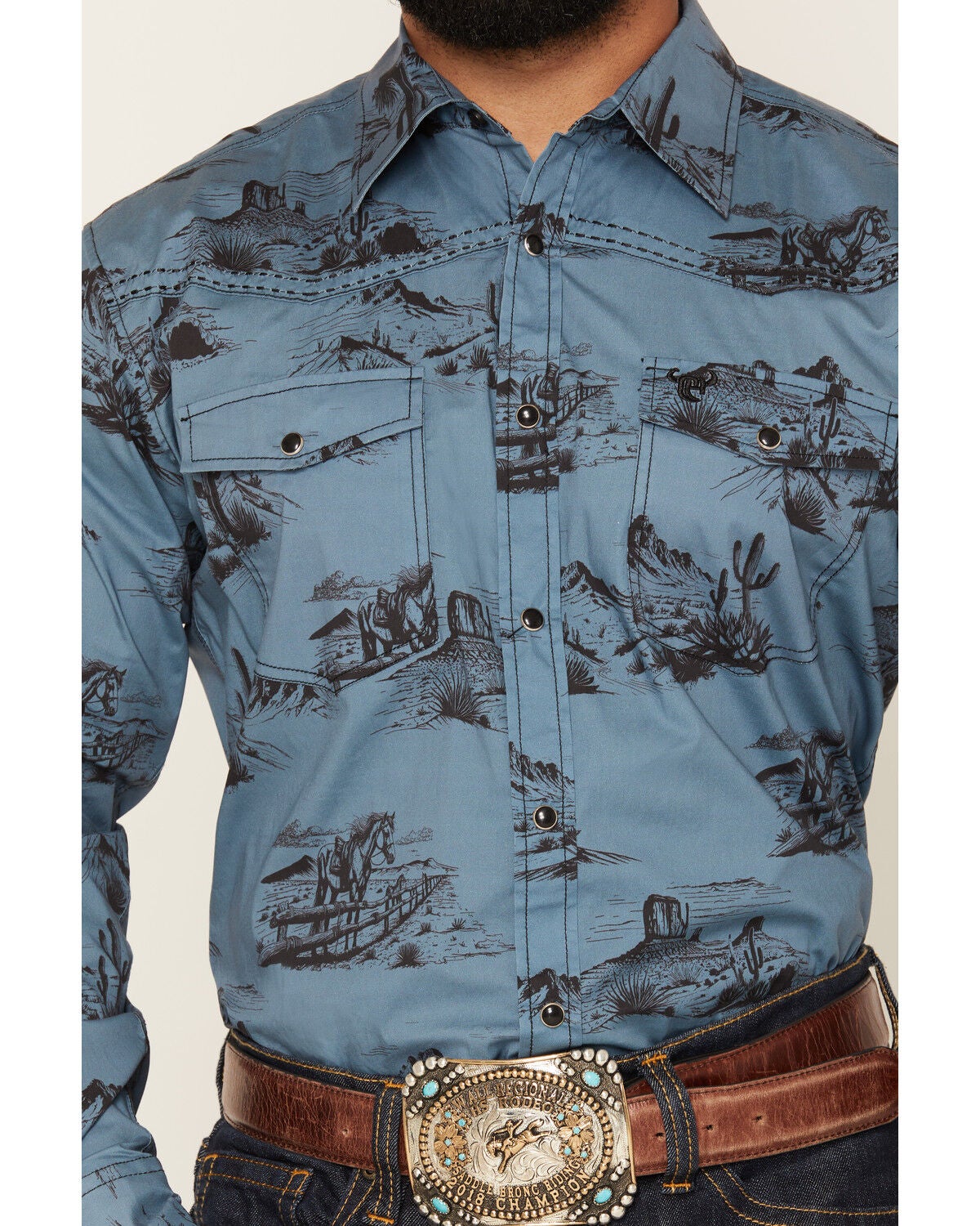 Image #3 - Cowboy Hardware Men's Western Scenery Print Long Sleeve Snap Stretch Western Shirt, Indigo, hi-res