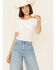 Very J Women's Rib Knit Cross Front Off-Shoulder Short Sleeve Crop Top, White, hi-res