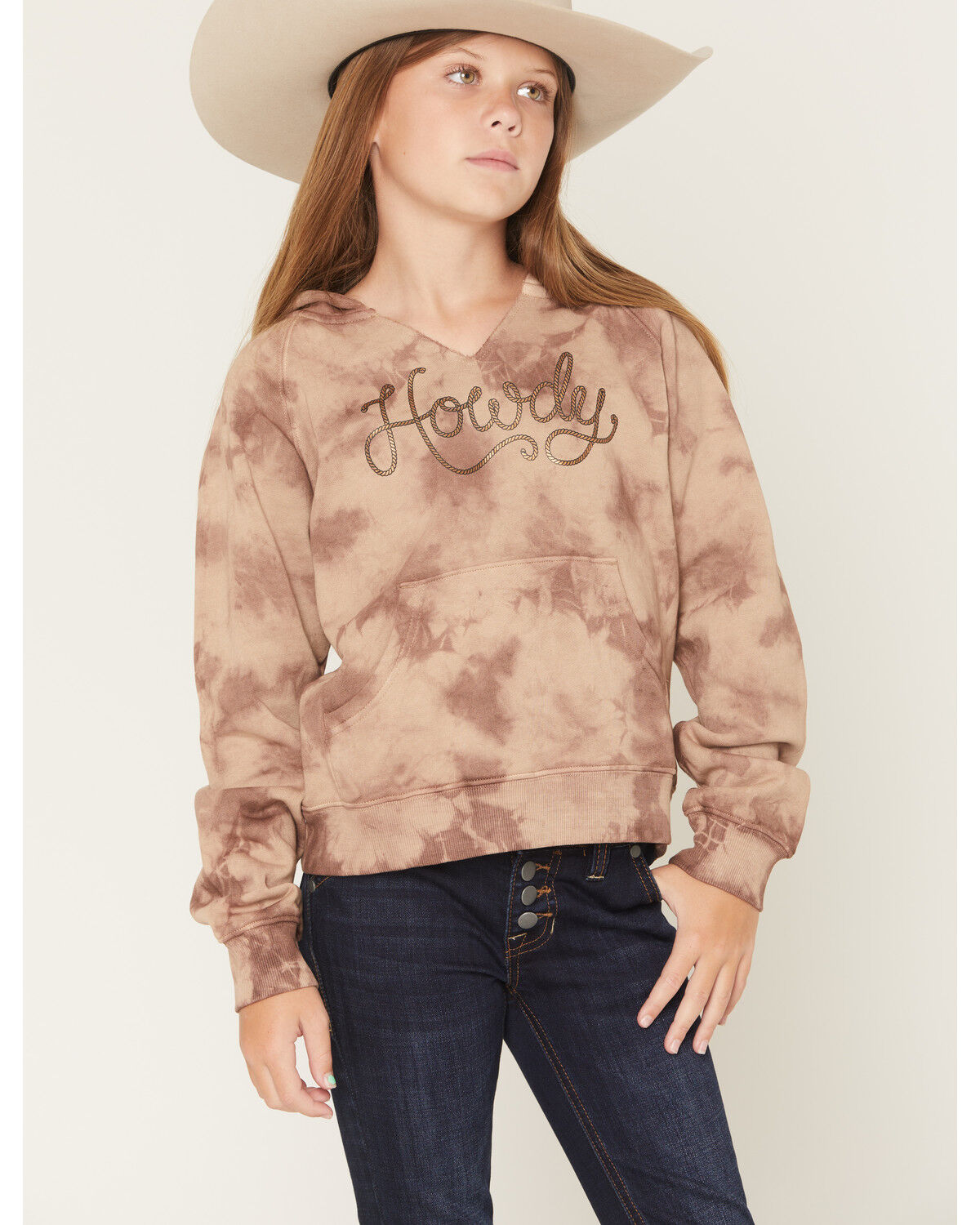 Image #1 - Shyanne Girls' Howdy Graphic Hoodie, Khaki, hi-res