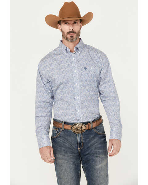 George Strait by Wrangler Men's Paisley Print Long Sleeve Button-Down Western Shirt, Blue, hi-res