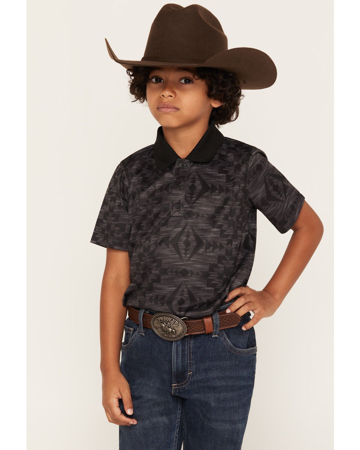 Image #1 - RANK 45&reg; Boys' Tonal Southwestern Print Short Sleeve Polo, Charcoal, hi-res