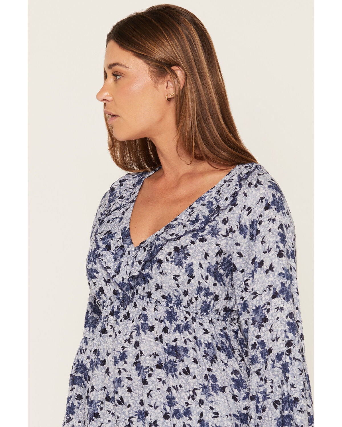 Image #2 - Wild Moss Women's Floral Print Ruffle Long Sleeve Top, Navy, hi-res