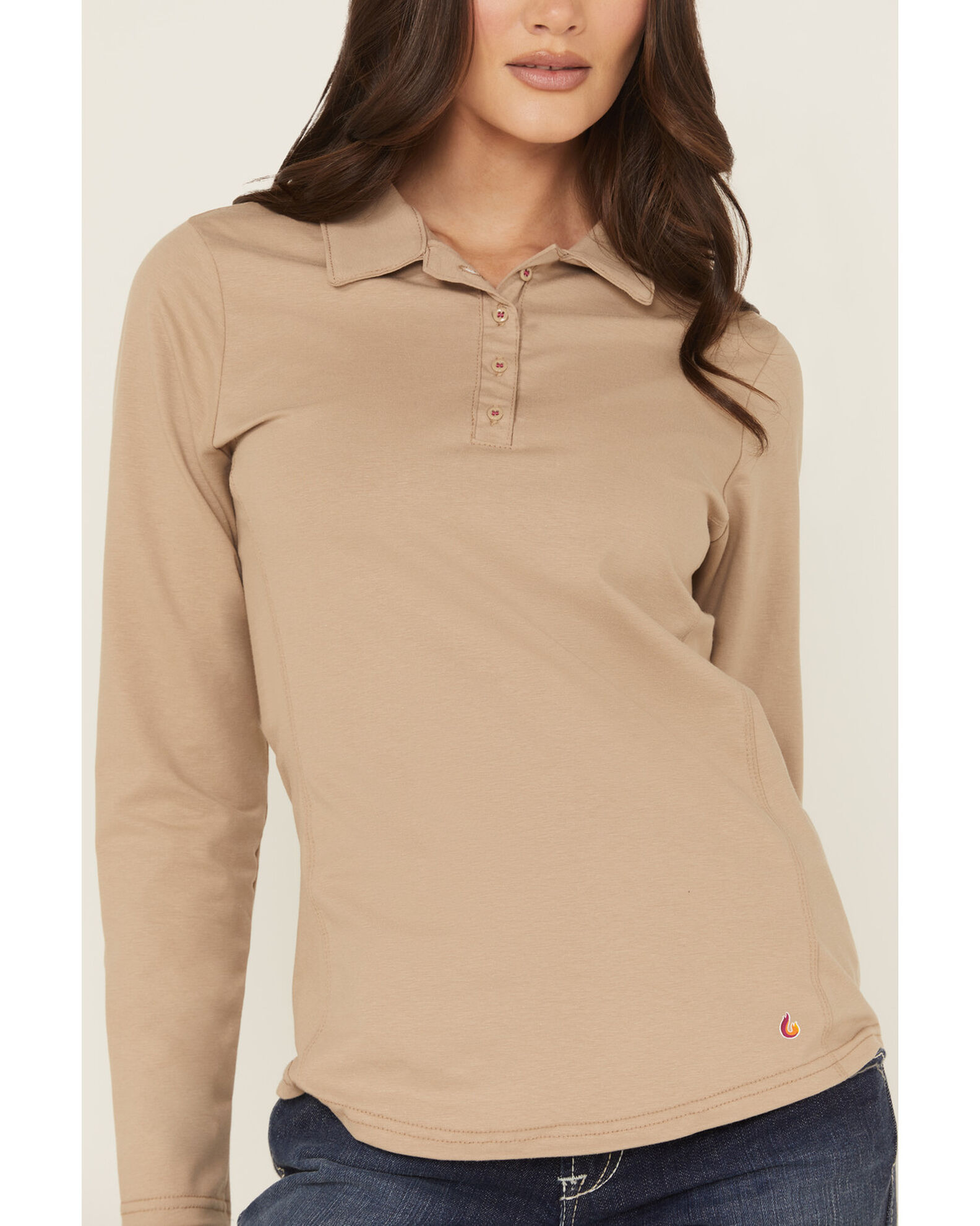 Image #3 - Lapco Women's FR Solid Knit Long Sleeve Polo Work Shirt, Beige, hi-res