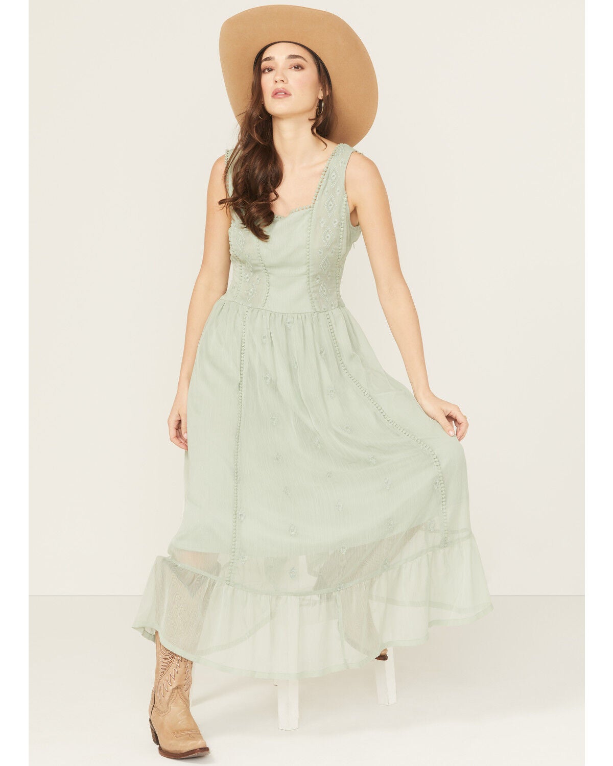 Image #1 - Panhandle Women's Chiffon Embroidered Sleeveless Midi Dress, Sage, hi-res