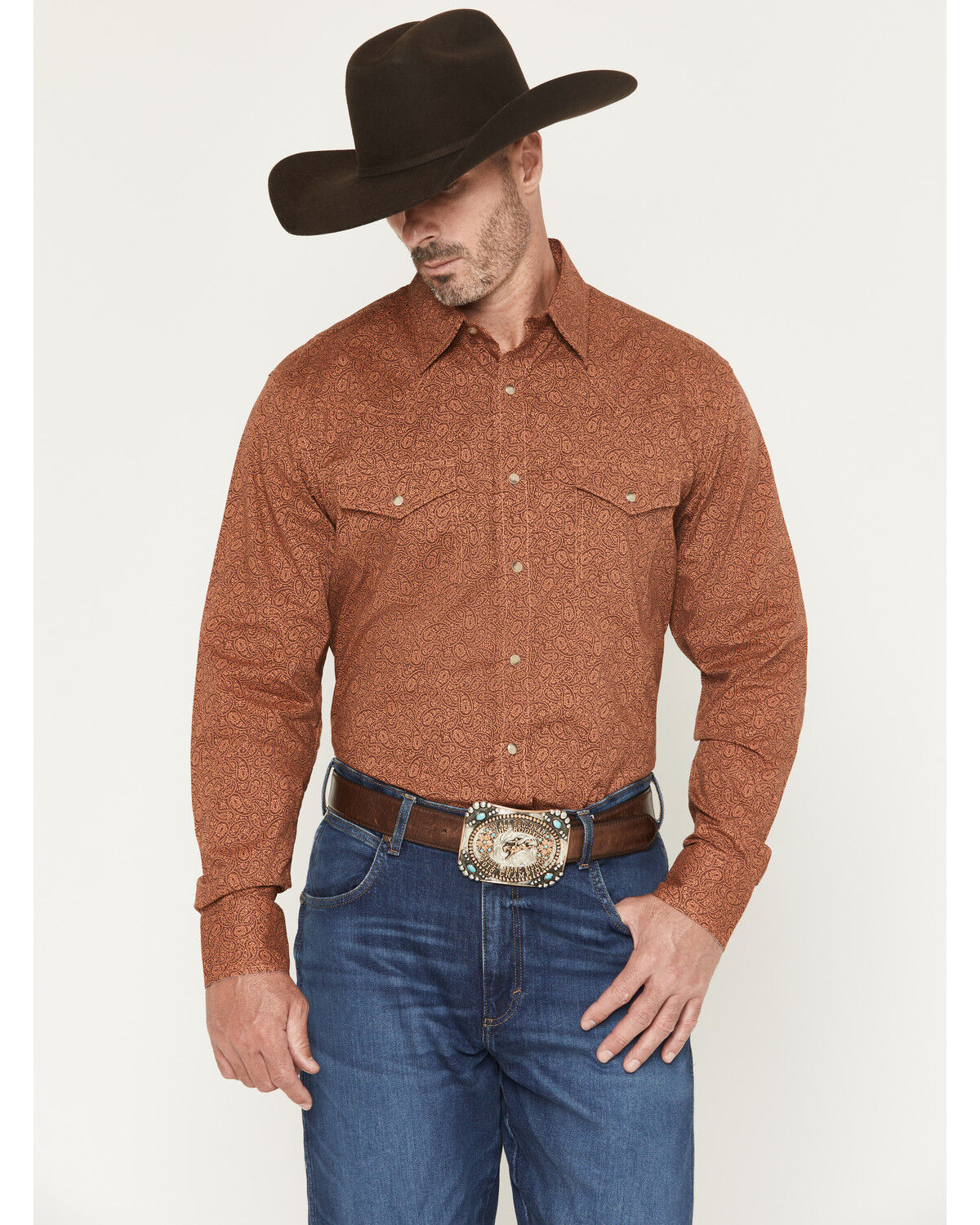 Image #1 - Wrangler 20X Men's Paisley Print Long Sleeve Snap Stretch Western Shirt, Rust Copper, hi-res