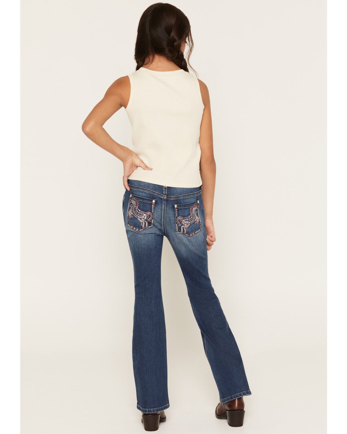 Shyanne Little Girls' Westend Medium Wash Horse Pocket Bootcut Stretch Denim Jeans, Medium Wash, hi-res