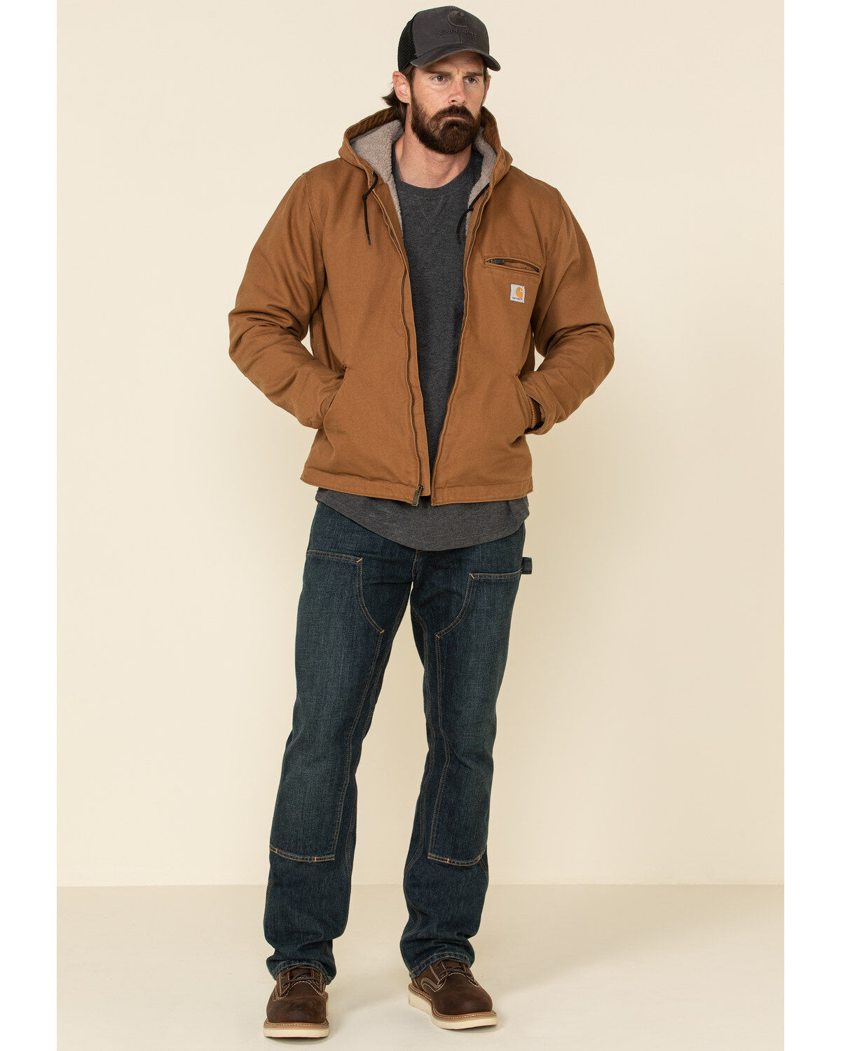 Image #2 - Carhartt Men's Washed Duck Sherpa Lined Hooded Work Jacket, Brown, hi-res