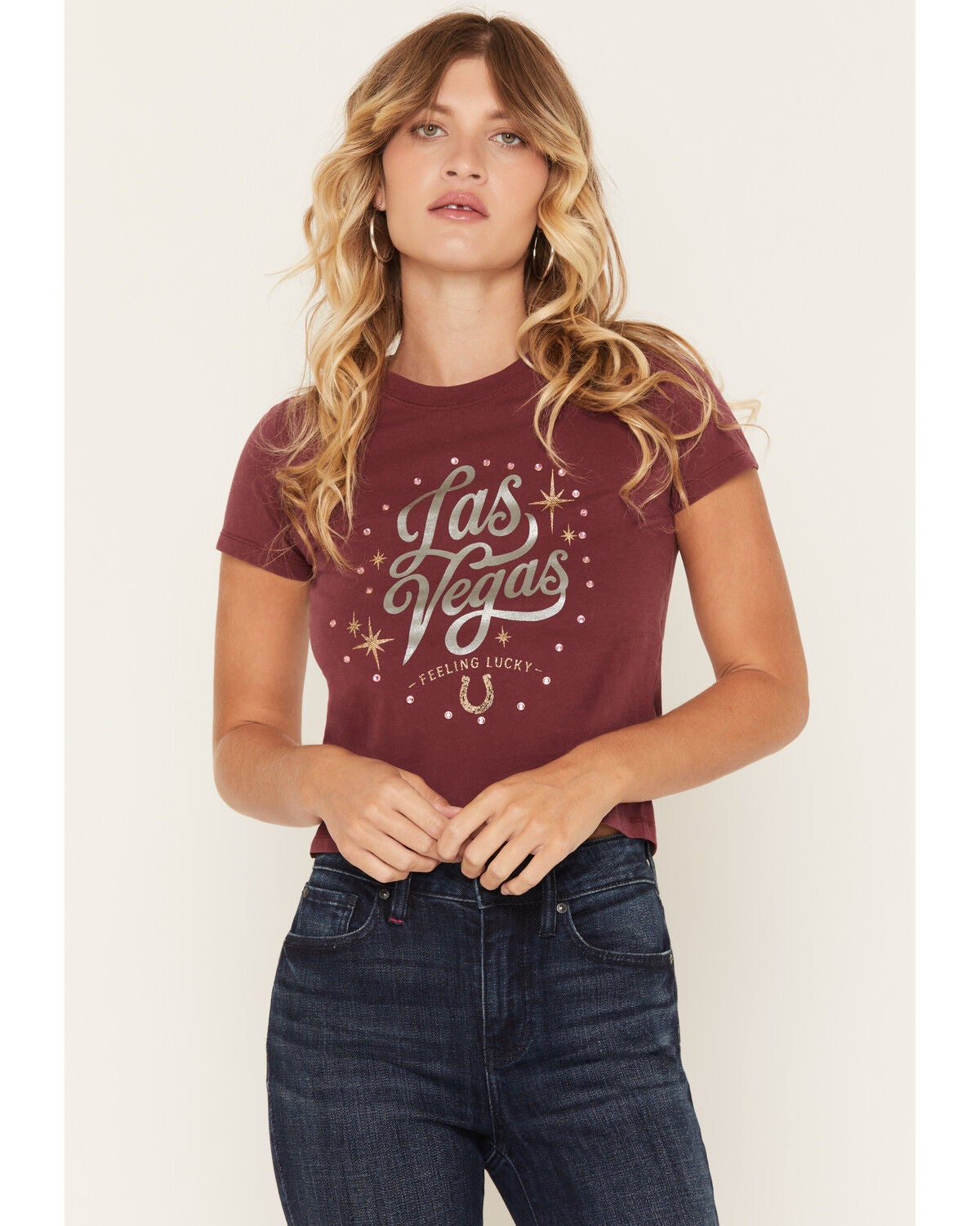 Image #1 - Blue Life Women's Vegas Rhinestone Short Sleeve Graphic Tee, Maroon, hi-res