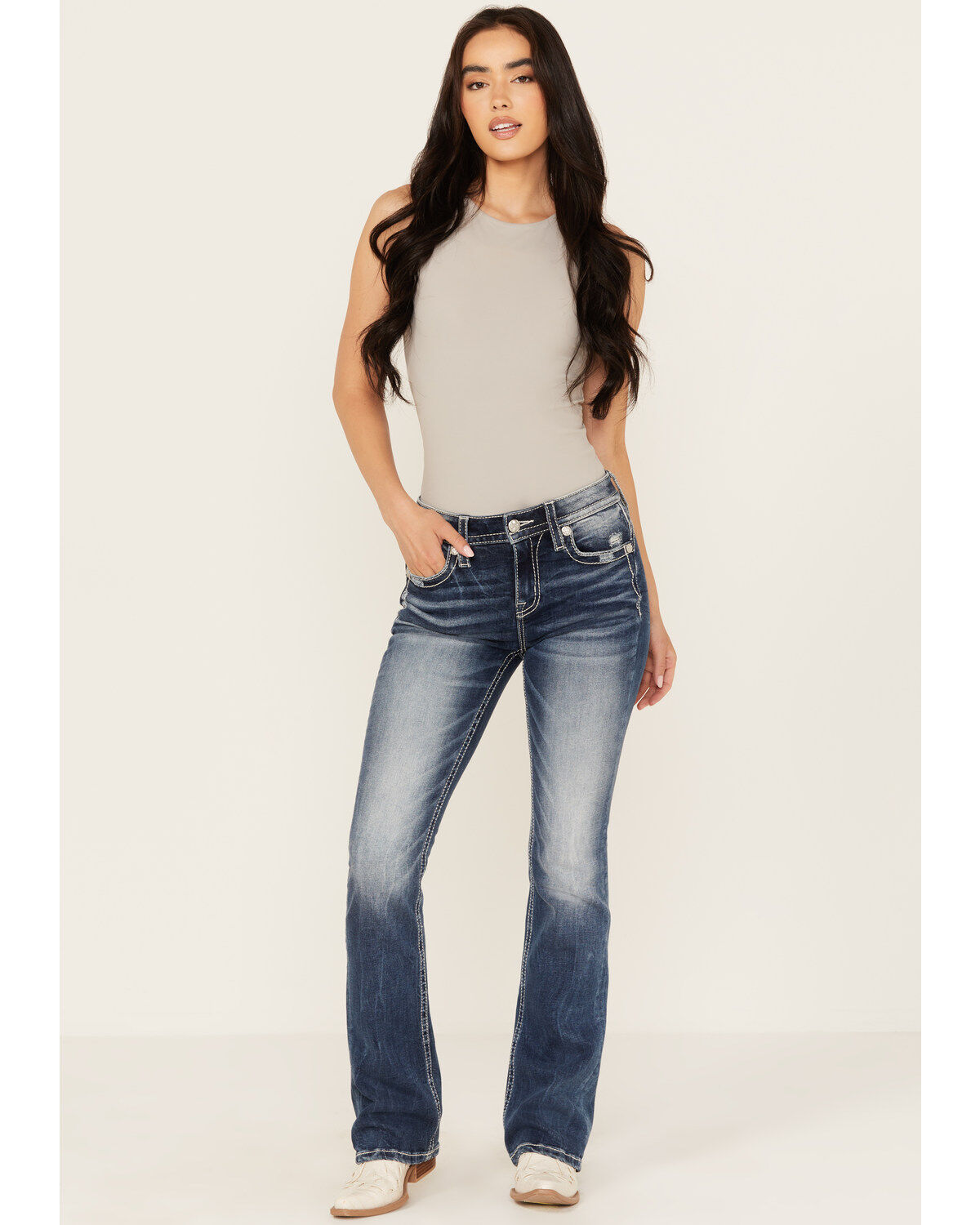 Product Name:  Miss Me Women's Dark Wash Mid Rise Downward Feather Wing Stretch Bootcut Jeans
