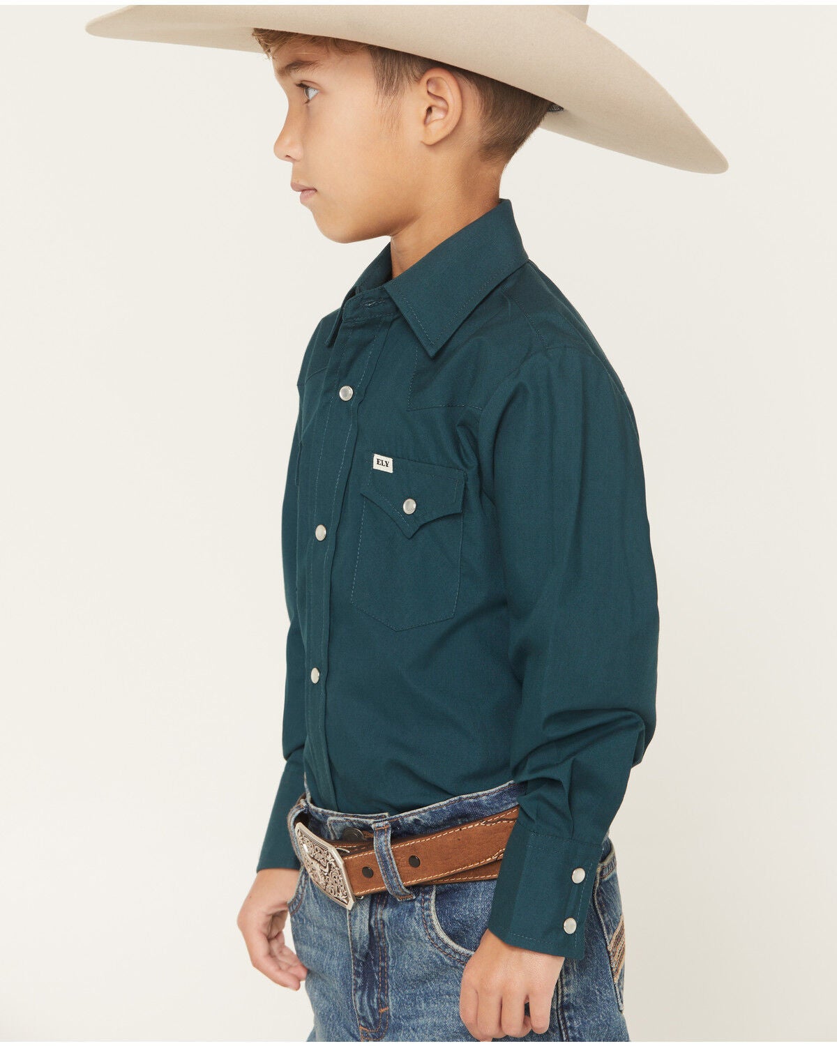Image #2 - Ely Walker Boys' Solid Long Sleeve Snap Western Shirt, Teal, hi-res
