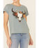 Image #3 - White Crow Women's Teal Floral Longhorn Skull Graphic Short Sleeve Tee, Teal, hi-res